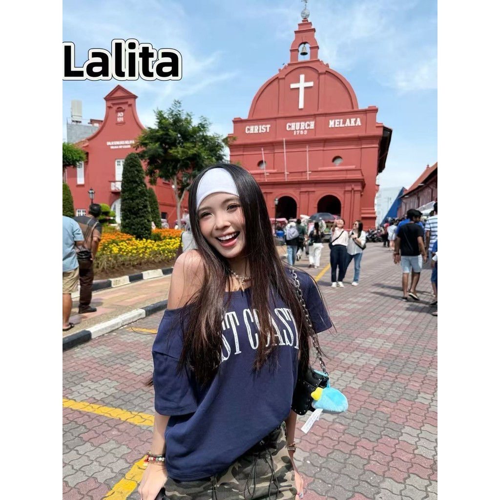 พร้อมส่ง พร้อมส่งจากกทม เสื้อยืดผู้หญิง  เสื้อยืดวินเทจ 🌸 เสื้อปาดไหล่  เสือใส่สบาย  ทรงหลวม Lalita