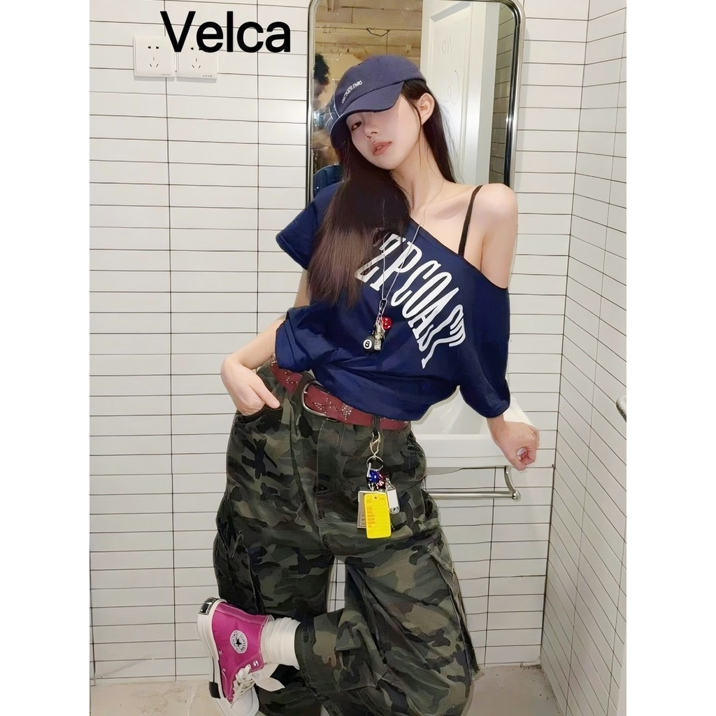 Velca 100%cotton เสื้อยืดผู้หญิง  เสื้อยืดวินเทจ เสื้อปาดไหล่  เสือใส่สบาย  ทรงหลวม แบบบาง