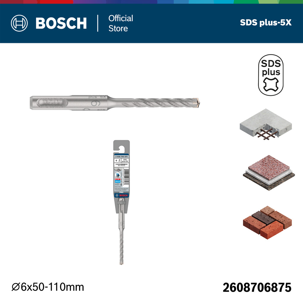 BOSCH ดอกสว่านโรตารี่เจาะปูน SDS-Plus 5X ขนาด 6 x 110 มม. สีเงิน รหัส 2608706875