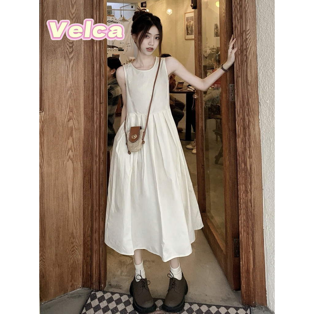 ส่งไวจากไทย สไตล์ลําลอง ชุดเดรสยาว เดรสคอกลม เดรสแขนกุด เสื้อผ้าผู้หญิง เดรสอัดพลีท สีพื้น Velca