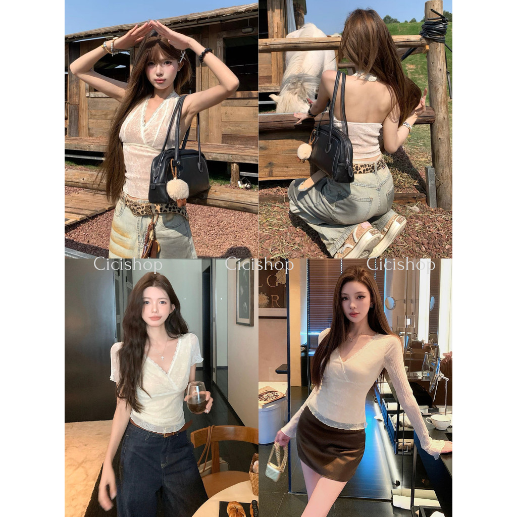 Cicishop(J2216/J2217/J2217-1) เสื้อคล้องคอ/แขนสั้น/แขนยาว ดีเทลคอวี ดีเทลลูกไม้รอบตัว กระดุมแป๊ก สไตล์สาวสายฝอแซ่บเวอร์