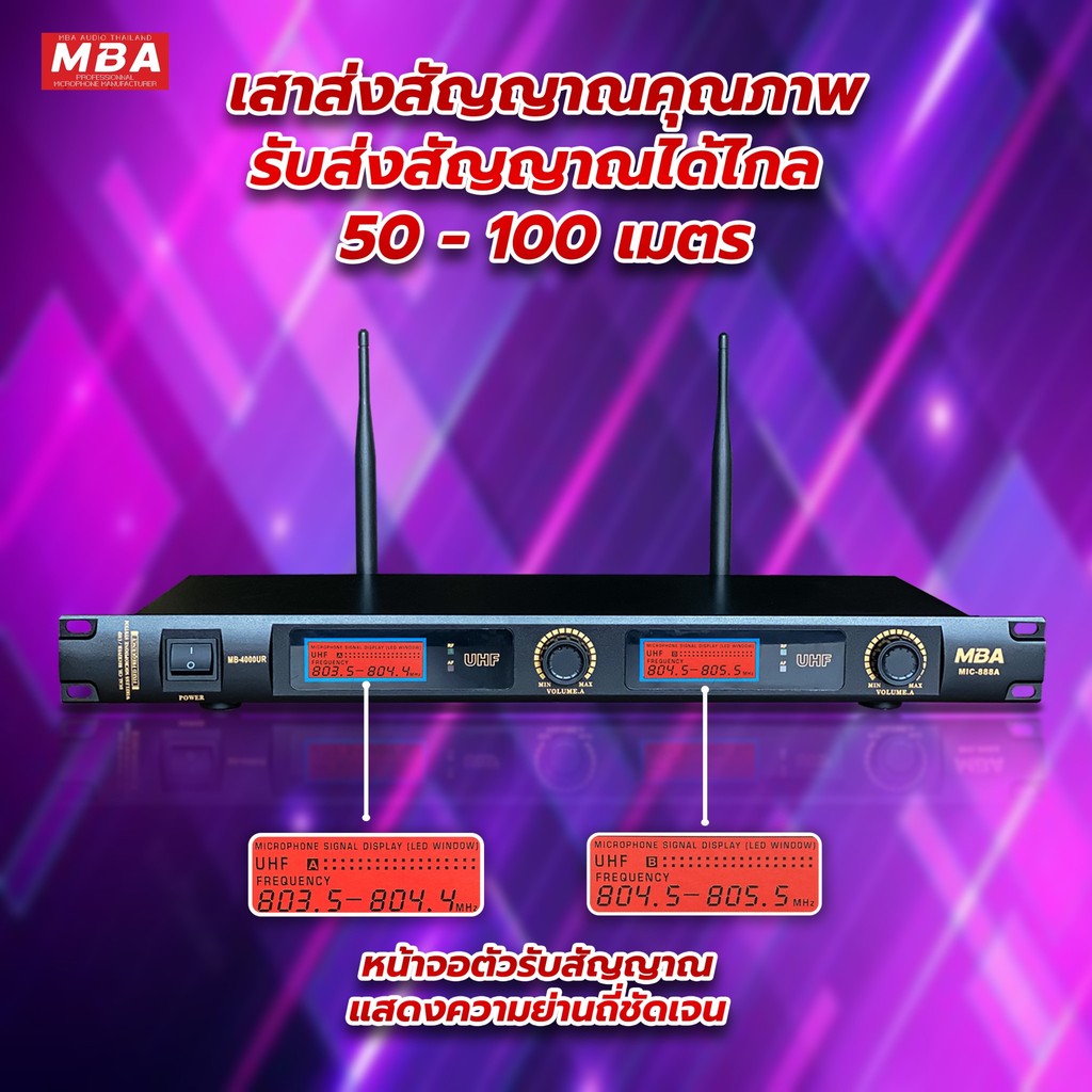 MBAAUDIOTHAILAND ไมค์ลอยคู่ MBA รุ่น MB-4000UR ไมโครโฟนไร้สาย รับสัญญาณไกล (คลื่นUHFแท้) ไมค์ร้องเพลงคาราโอเกะ เสียงดี