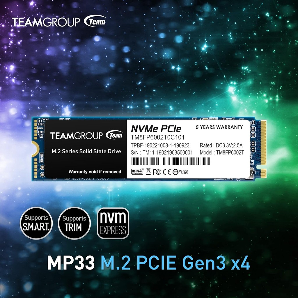 256GB | 512GB | 1TBSSD M.2 (เอสเอสดี) TEAMGROUP MP33 (3D NAND TLC NVMe 1.3 PCIe Gen3x4 M.2 2280)-5 ปี