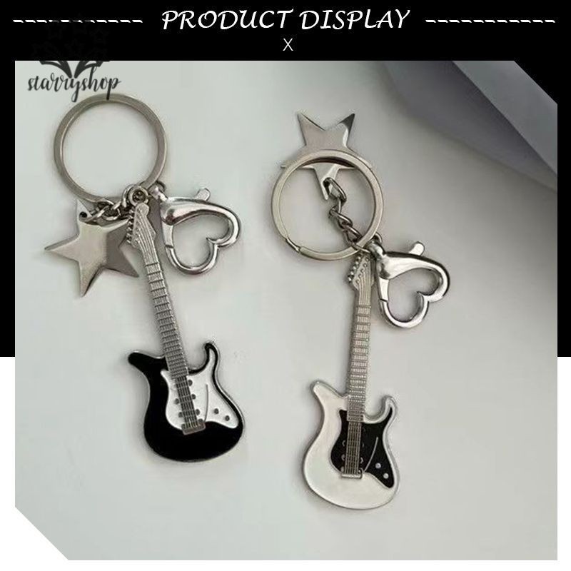 starryshopSweet Cool กีตาร์ไฟฟ้า Star จี้เบส Key Chain Retro จี้ Millennium สไตล์ Key Chain