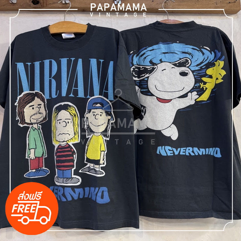 [ NIRVANA X PEANUTS ] Bio Washed tag HANES เสื้อทัวร์ X การ์ตูนน่ารัก เสื้อวินเทจ  papamama vintege shirt