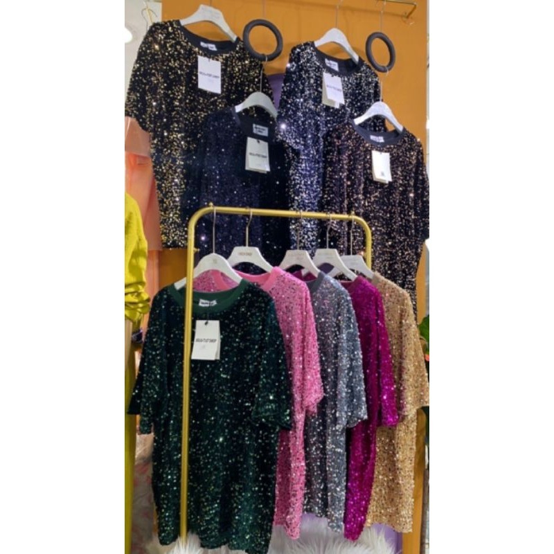 GN พร้อมส่ง เสื้อกริตเตอร์วิ้งๆๆกำมะหยี่สีสันสดใสปักเลี่ิอมแขนสั้นทรงโอเวอร์ไซส์งานสวยงานตามหาใส่แล้วสวยเด่นงานป้าย KKUU