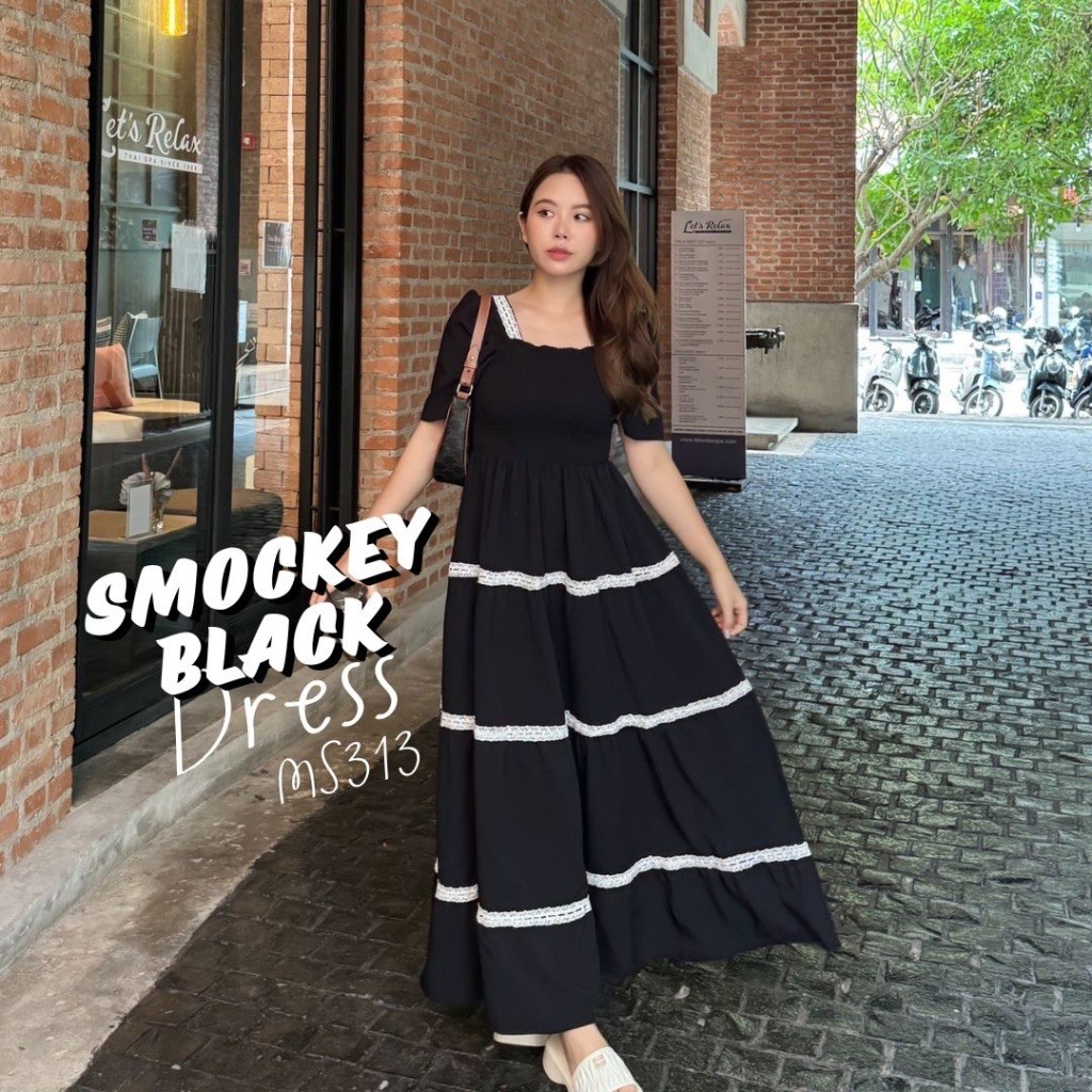 MyWay Brand : Dress - Smockey Black เดรสยาวสีดำ อกยืดได้