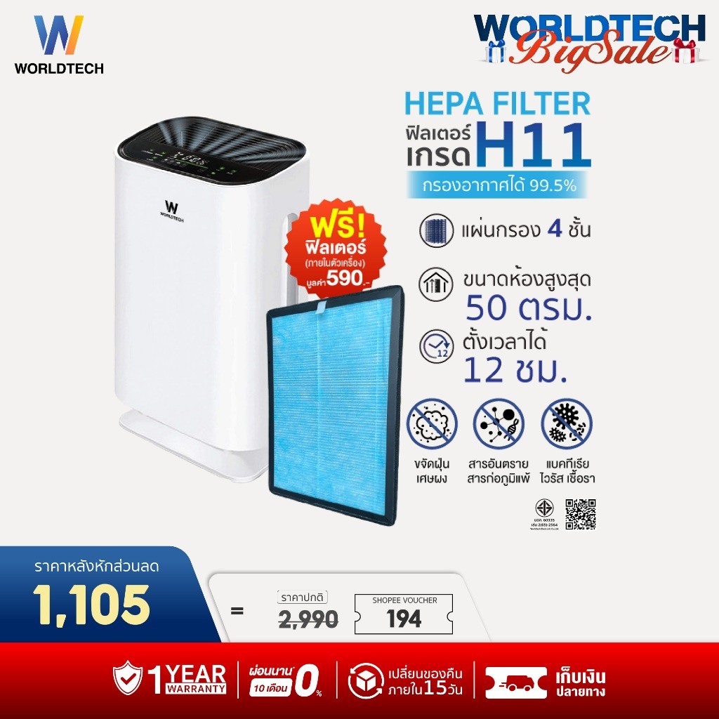 Worldtech เครื่องฟอกอากาศ Air Purifier รุ่น WT-P50 มอก.รับรอง พื้นที่ 40-50 ตรม. + รีโมท ประกัน1ปี