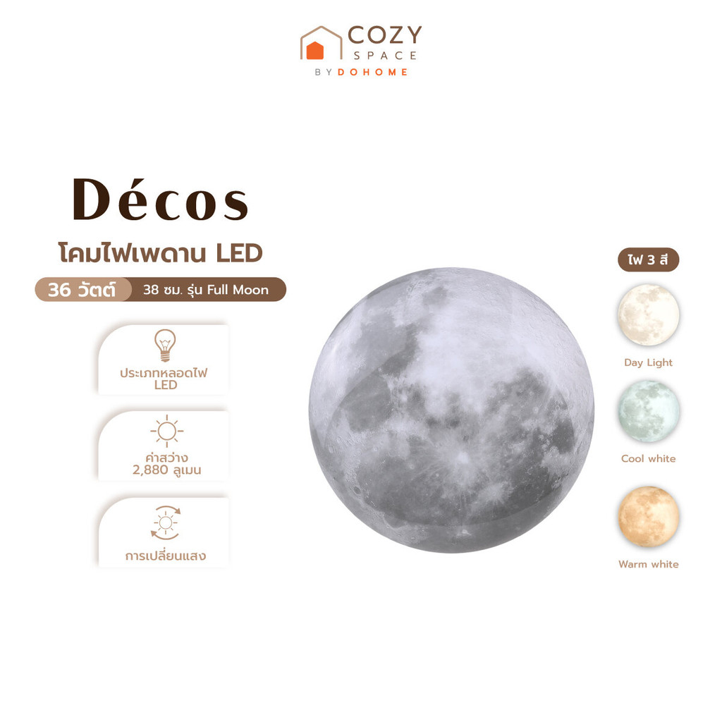 DECOS โคมไฟเพดาน LED 36 วัตต์ 38 ซม. รุ่น Full Moon (ไฟ 3 สี) |ZWF|