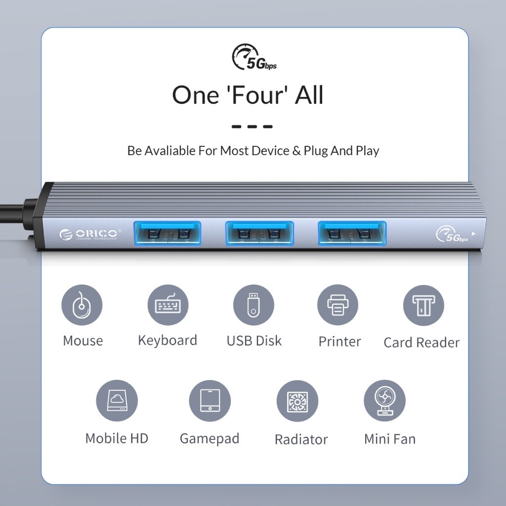 [ออกใบกำกับ- ทักแชท] ORICO AH อะแดปเตอร์ฮับ Type C Hub 4 in 1 4 Port USB 3.0 2.0 Splitter Card Reader Adapter - รูปที่ 5