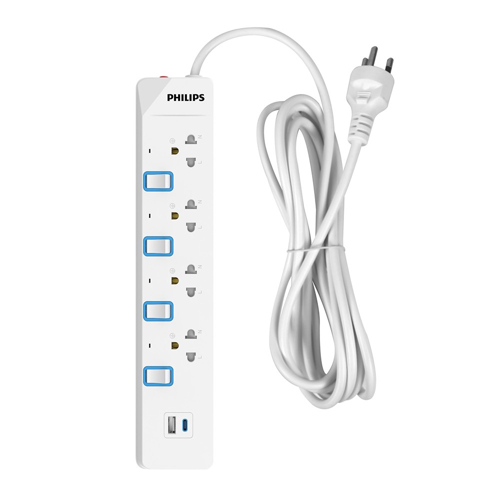 PHILIPS ปลั๊กไฟ 4ช่อง 4สวิสต์ 1USB-A 1USB-C 3M (CHP4743WB/67) 2Y (AC7-000936)