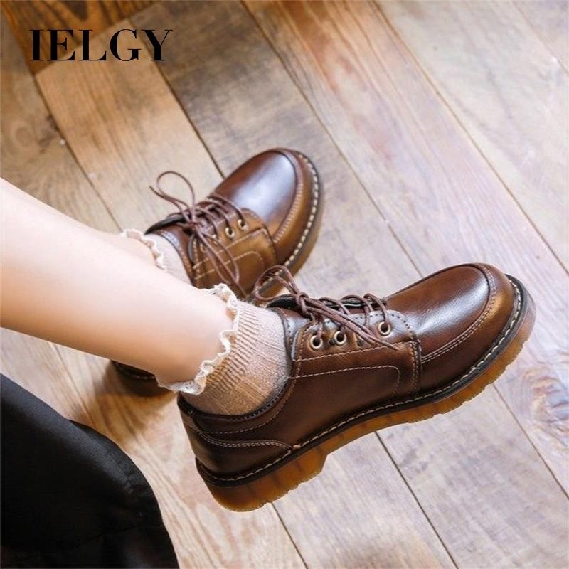 IELGY สีน้ําตาล Lace-up Oxford Lace-up บางรองเท้าหนังผู้หญิง 2025 Preppy Vintage พร้อมกระโปรง