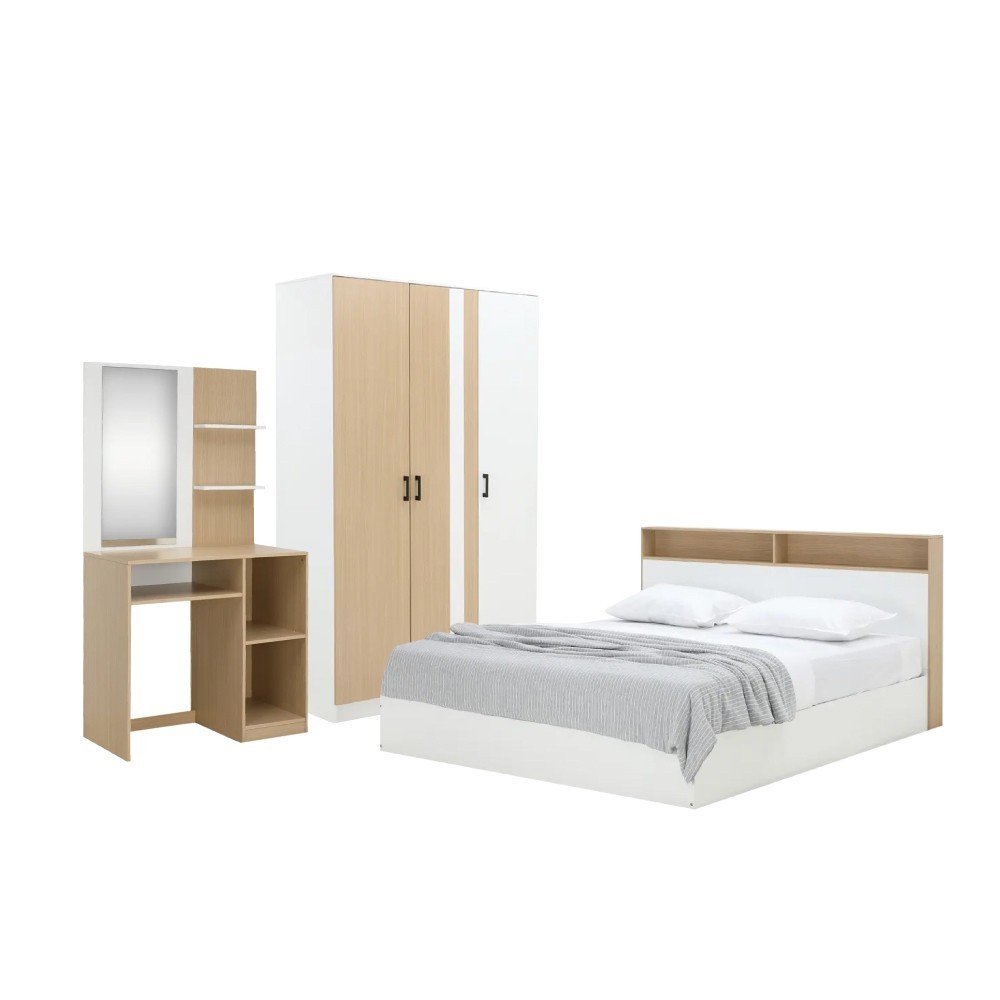 Furinbox ชุดห้องนอน รุ่นคาร์เนชั่น+แมกโนเลีย ขนาด 5 ฟุต (เตียง, ตู้เสื้อผ้า 3 บาน, โต๊ะเครื่องแป้ง) - สีขาว/ธรรมชาติ