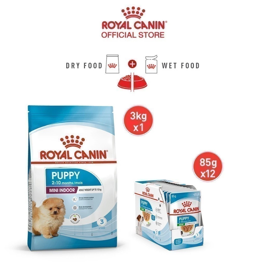 Royal Canin Mini Indoor Puppy อาหารเม็ดลูกสุนัข พันธุ์เล็ก เลี้ยงในบ้านอายุ 2-10 เดือน(3 กก.) + อาหารเปียก 85 ก.x 12 ซอง