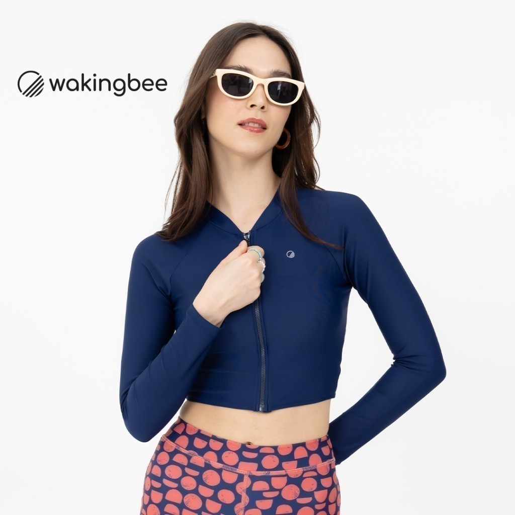 Wakingbee Rio Bratop (Navy) เสื้อว่ายน้ำแขนยาว มีบราในตัว มีฟองน้ำถอดได้ ซิปหน้า ทรงคร้อป ผ้ากันยูวี แห้งไว