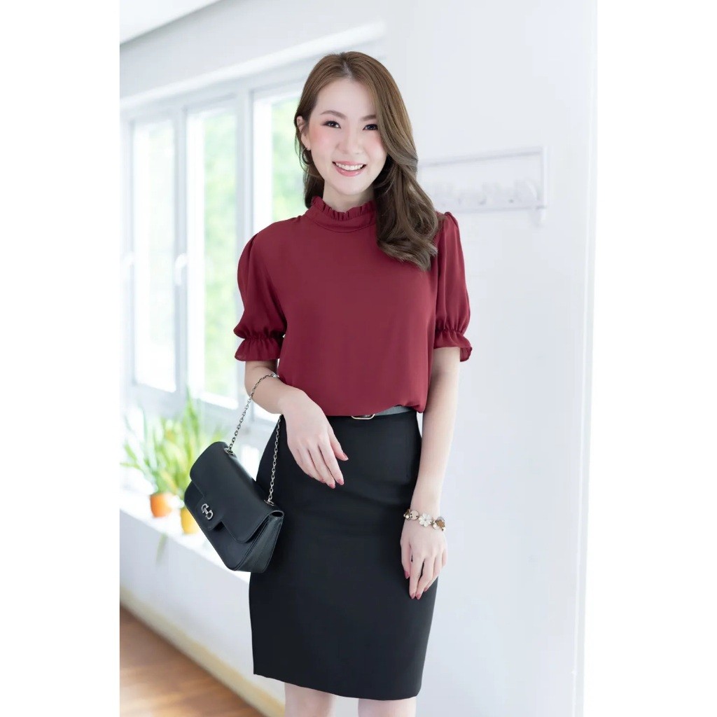 Narinari : MT4633 Ruff Collar Puff Sleeve Blouse เสื้อทำงาน