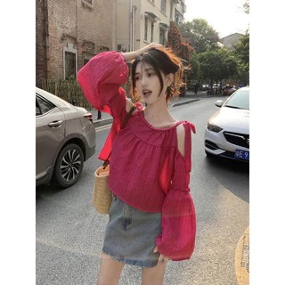 (สาวอวบใส่ได้อกถึง 38) เสื้อผูกโบว์ไหล่สไตล์เกาหลี ทรงใหญ่สาวอวบใส่ได้🎀❤️เสื้อผ้าผู้หญิง