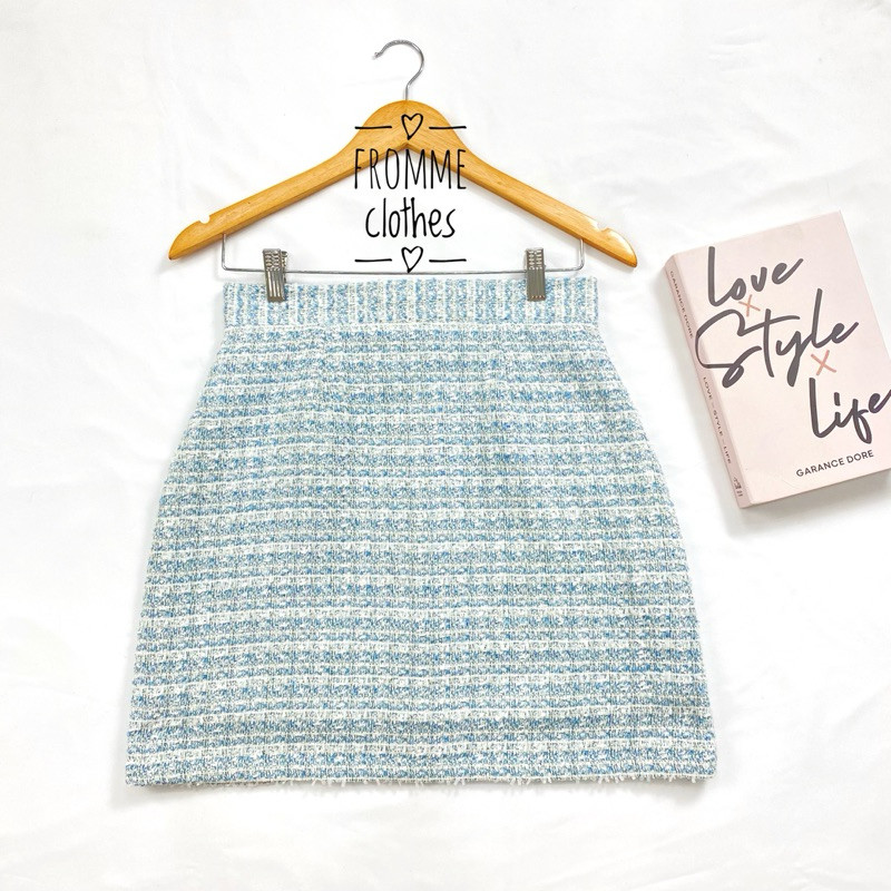 🧊กระโปรงทรงเอผ้าทวิตทอลายสีฟ้า(XS-5XL)