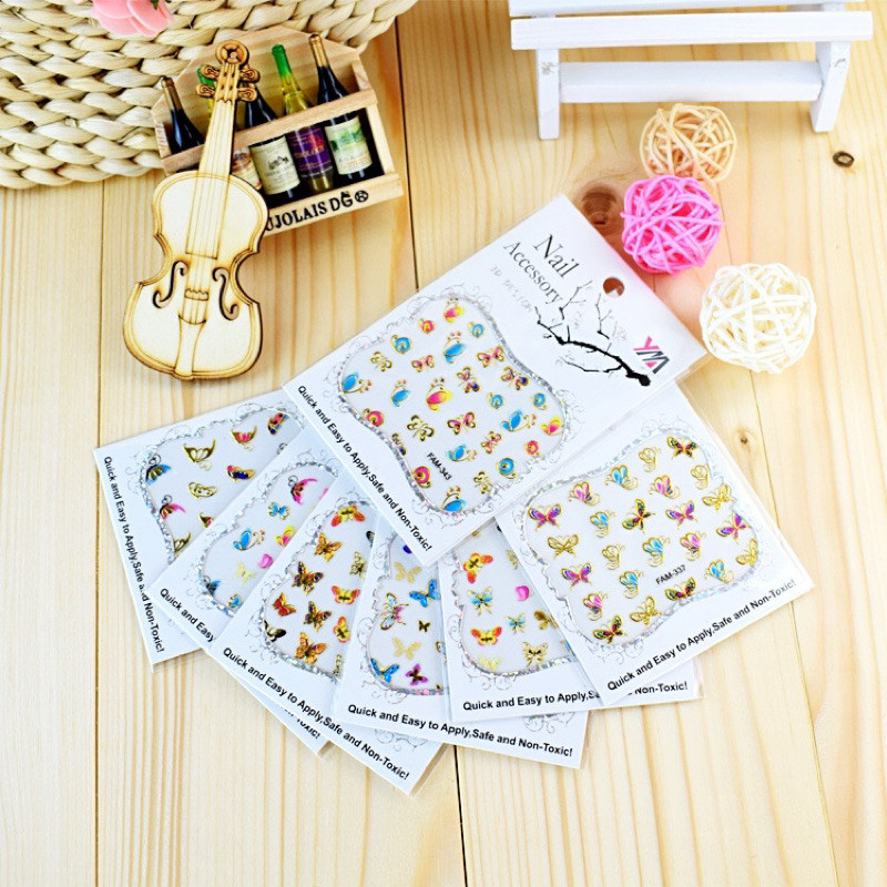 สติกเกอร์ติดเล็บ 3D ลายผีเสื้อ สุ่ม 3 แผ่นต่อชุด (ไม่ซ้ำลาย) 10 บาท