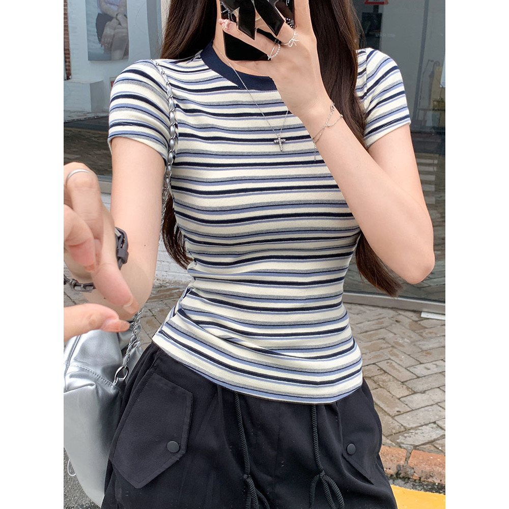 เสื้อยืดผู้หญิง เสื้อยืดลายทาง คอกลม เรียบง่าย สีพิเศษ ลายทางสีสวย #1502322 รูปที่ 7