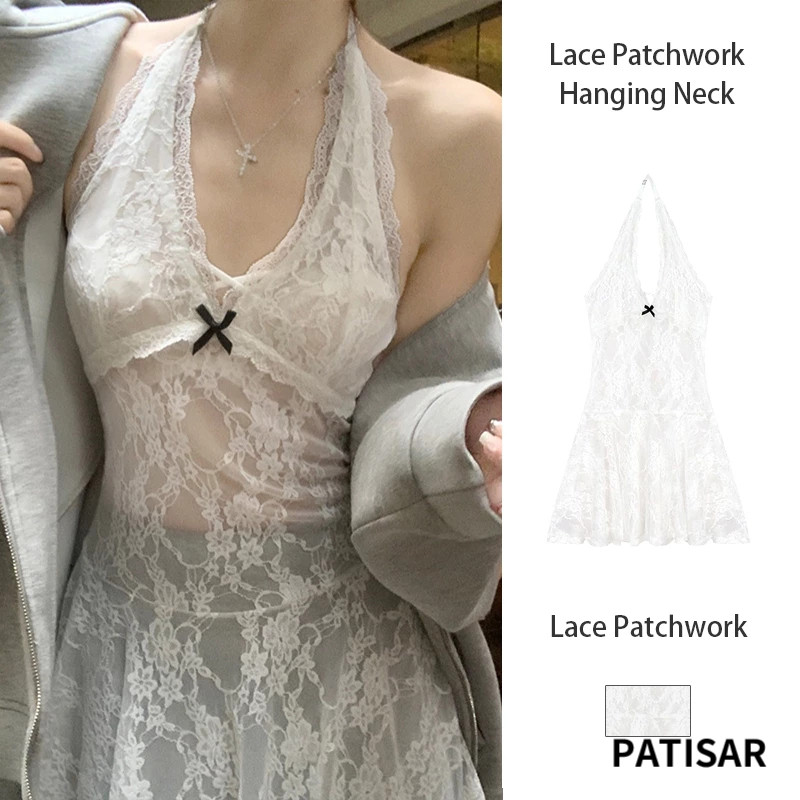 Retro Lace Patchwork Camisole แขวนคอ Lace-up Vest อเนกประสงค์ผู้หญิง PR