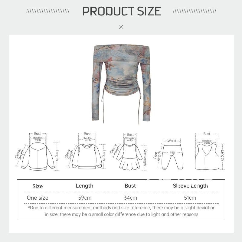 หวานสาวร้อนปิดไหล่ด้านบนDrawstringพิมพ์เสื้อยืดแขนยาวผู้หญิงเก๋ผ้ากอซด้านบน BF - รูปที่ 2