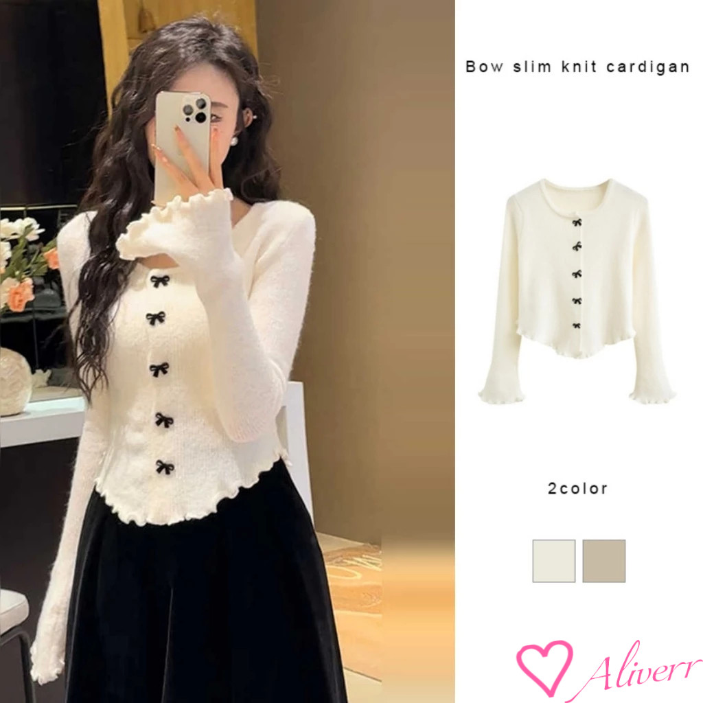 โบว์สลิมฟิตติ้งถักคาร์ดิแกนผู้หญิงเซ็กซี่หวานBottomingเสื้อเก๋สั้นด้านบน LIVE