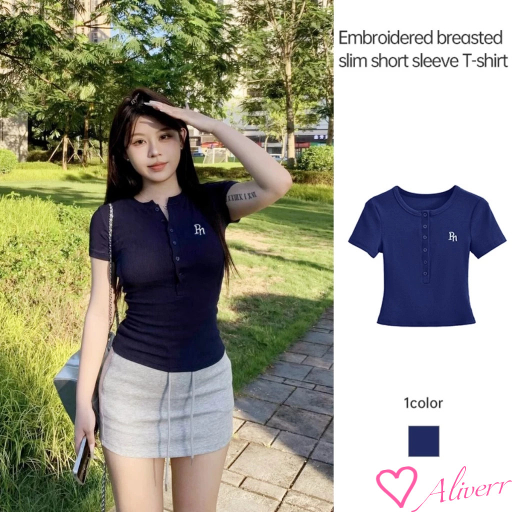 🌊พร้อมส่ง🌊 เสื้อยืดแขนสั้นย้อนยุคผู้หญิงเข้ารูปเสื้อยืดปักลำลองเสื้ออเนกประสงค์ LIVE