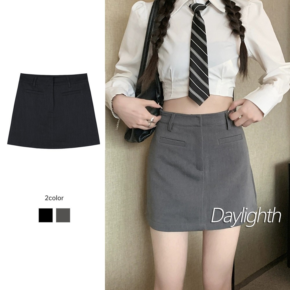 การจัดส่งที่รวดเร็💖 เอวสูงชุดลำลองกระโปรงผู้หญิงสีเทา A-Line กระโปรงสั้นเดินทางสไตล์กระโปรง ชุดสูทDL