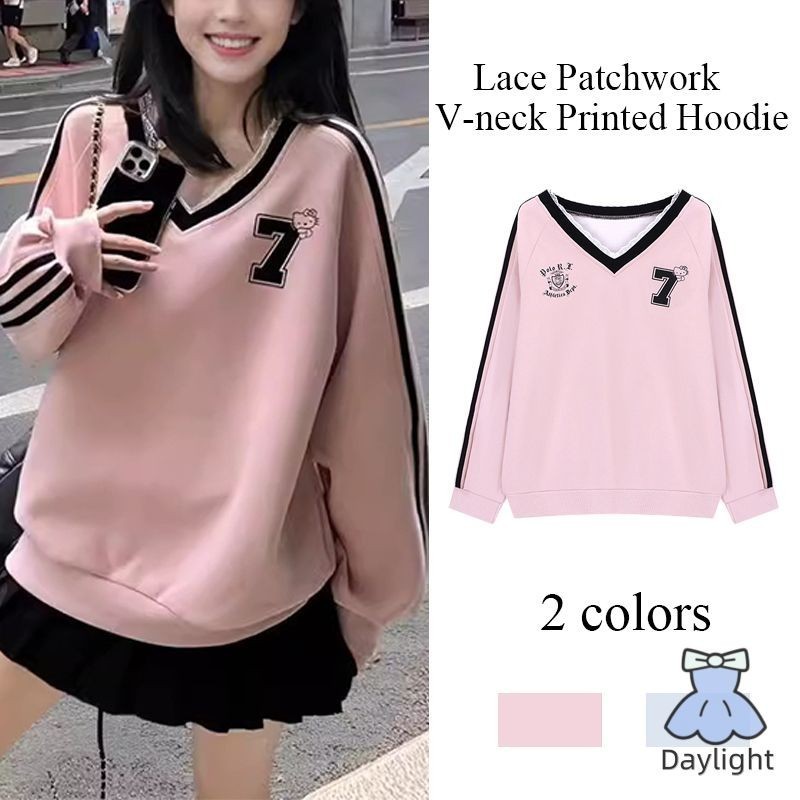 ลูกไม้เย็บปะติดปะต่อคอวีพิมพ์เสื้อกันหนาวหมวกแขนยาวสีตัดกันผู้หญิงหลวมด้านบน DL