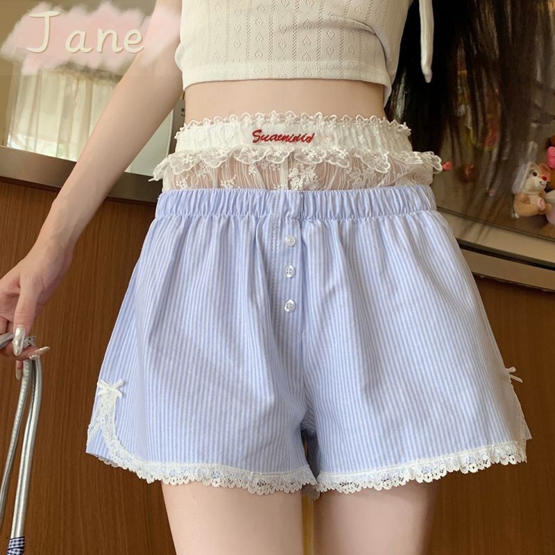 ✨การจัดส่งที่รวดเร็ว✨ หวานเผ็ดกางเกงขาสั้นลำลองผู้หญิงขอบลูกไม้Bottomingกางเกงขาสั้นลายกางเกงขาสั้นขากว้าง JN