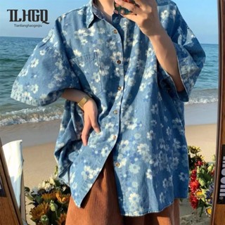 TLHGQ เสื้อเชิ้ตยีนส์พิมพ์ลายดอกไม้ วันหยุด ท่องเที่ยว แขนสั…