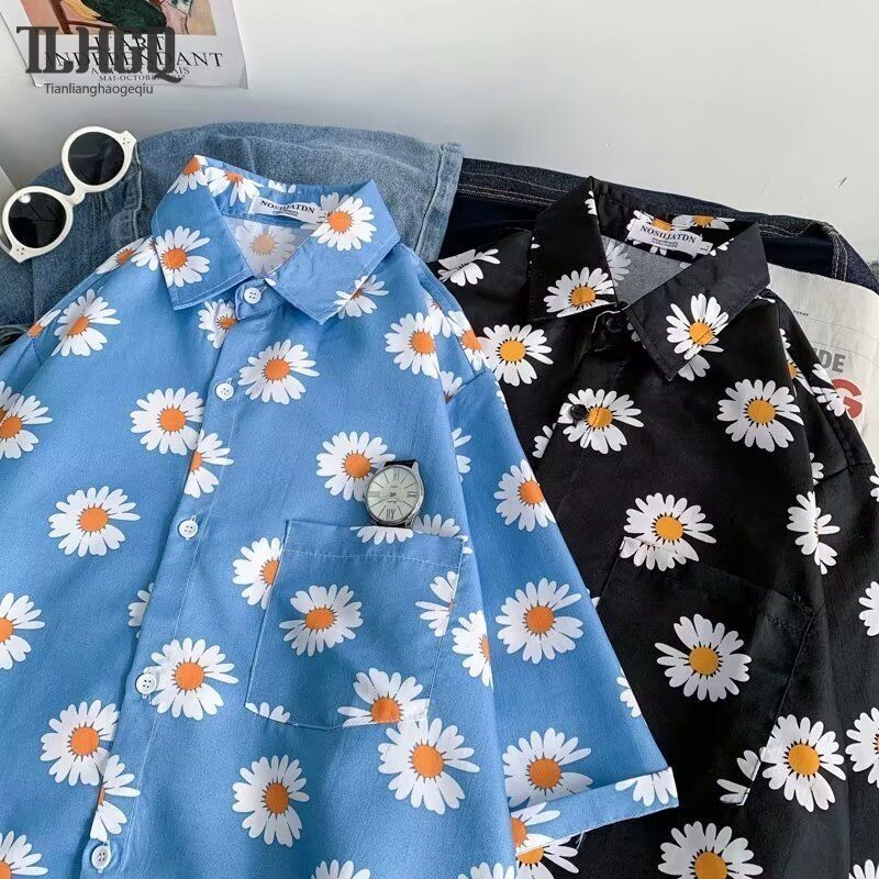 เสื้อเชิ้ตลายดอกไม้ แขนสั้น ชายและหญิง เสื้อคู่