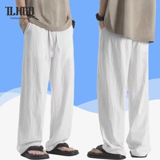 TLHGQ ผ้าลินินหลวมตรงขากว้างสีขาว Casual Plus ขนาดกางเกงขายา…