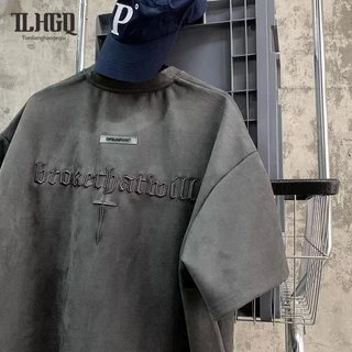 TLHGQ เสื้อยืดคอกลม แขนสั้น ผ้ากํามะหยี่ ลายกวาง เรียบง่าย สไตล์ญี่ปุ่น ฮาราจูกุ แฟชั่นสําหรับผู้ชาย