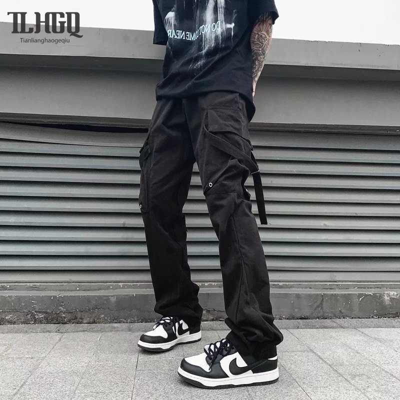 TLHGQ กางเกงทํางานชายริมถนนสูง Ins American Street Vibe Style Multi Pocket Pants