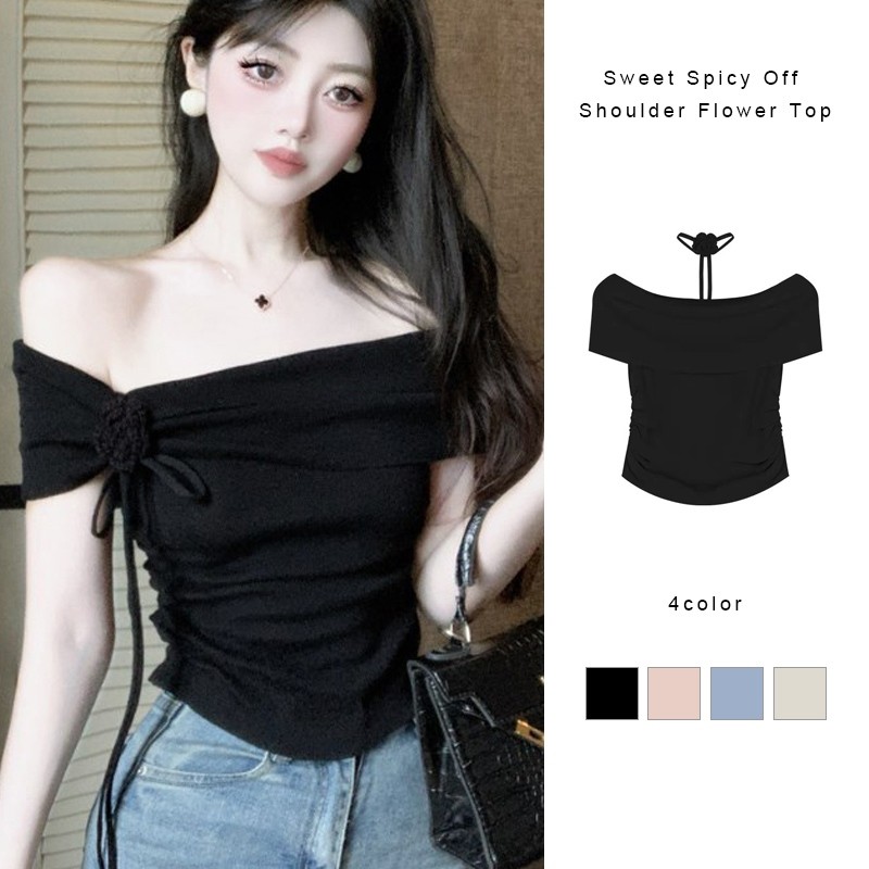หวานเผ็ดปิดไหล่ดอกไม้ผู้หญิงเสื้อถักระดับไฮเอนด์เก๋แขนสั้นเสื้อยืด BB
