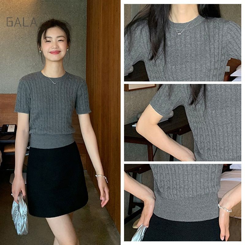 เสื้อถักแขนสั้นย้อนยุคผู้หญิงเสื้อถักบางอเนกประสงค์รอบคอเอวดึงด้านบน GA - รูปที่ 3