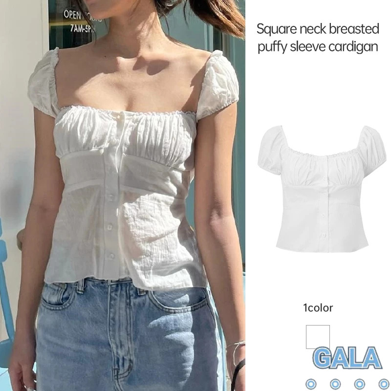Sweet Cool Square Neck Top ผู้หญิงเสื้อคาร์ดิแกนกระดุมสั้นเสื้อยืดแขนยาวฟอง