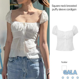 Sweet Cool Square Neck Top ผู้หญิงเสื้อคาร์ดิแกนกระดุมสั้นเส…