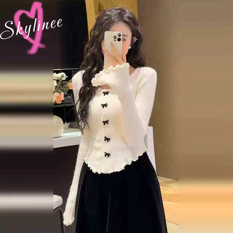 จัดส่งทันที เสื้อไหมพรมกระดุมโบว์ SL