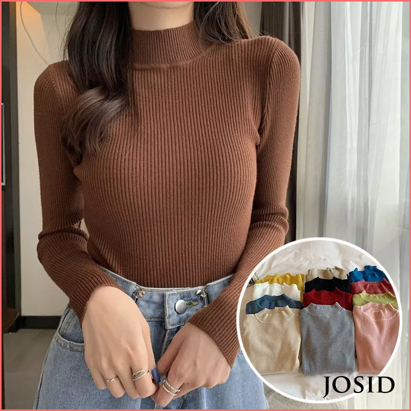 [สินค้าสปอต] เสื้อคอแขนยาวเกาหลีถักนิตติ้งเสื้อคอครึ่งคอสูงของผู้หญิง