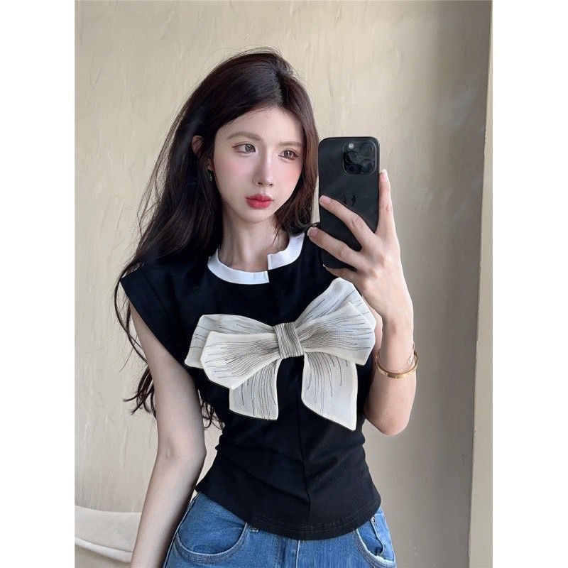 GN พร้อมส่ง เสื้อยืดแขนสั้นทรงสลิมเข้ารูปประดับโบว์น่ารักสุดๆ