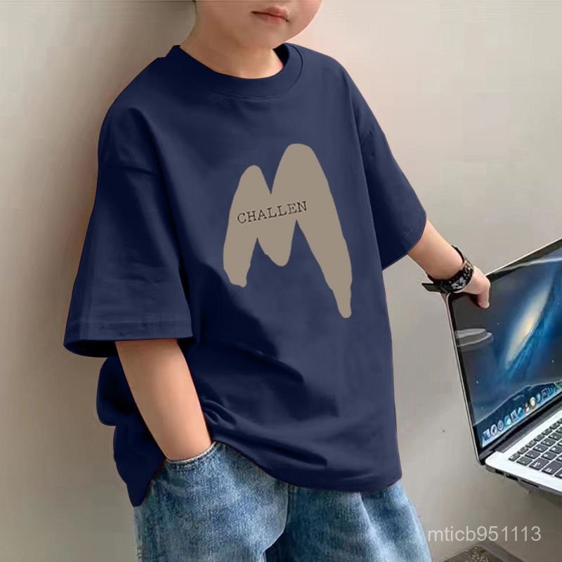 เด็กชาย T เสื้อเชิ้ตแบบบางระบายอากาศพิมพ์ลายตัวอักษรหลวมสบายๆแฟชั่นเด็กโตเรียบง่ายแมทช์ลุคง่าย