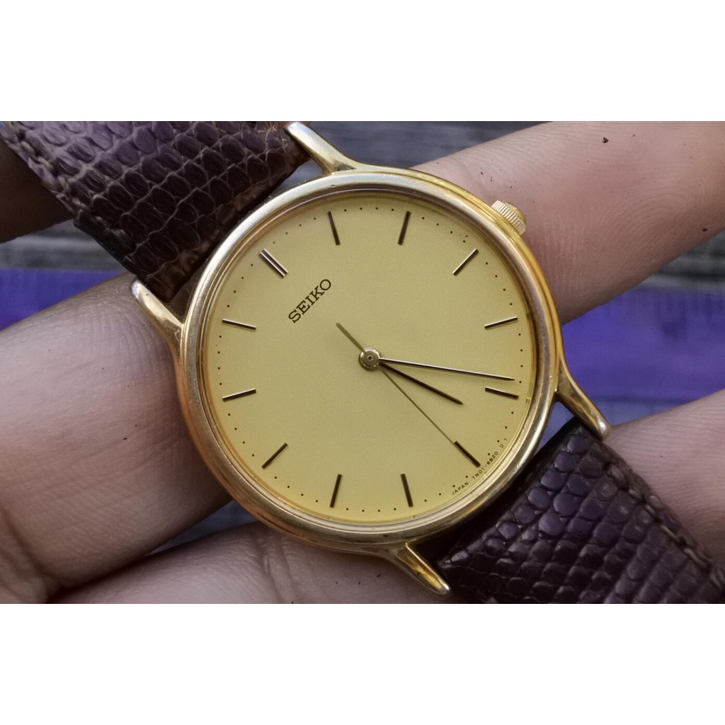 นาฬิกา Vintage มือสองญี่ปุ่น Seiko 7N01 6800 Yellow Dial ผู้ชาย ระบบ Quartz ทรงกลม 36mm ใช้งานได้ปกต