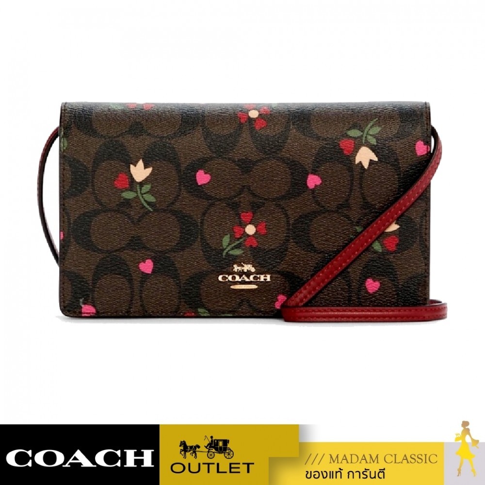 NEW กระเป๋าสะพาย COACH C7656 ANNA FOLDOVER CLUTCH CROSSBODY IN SIGNATURE CANVAS WITH HEART PETAL PRI