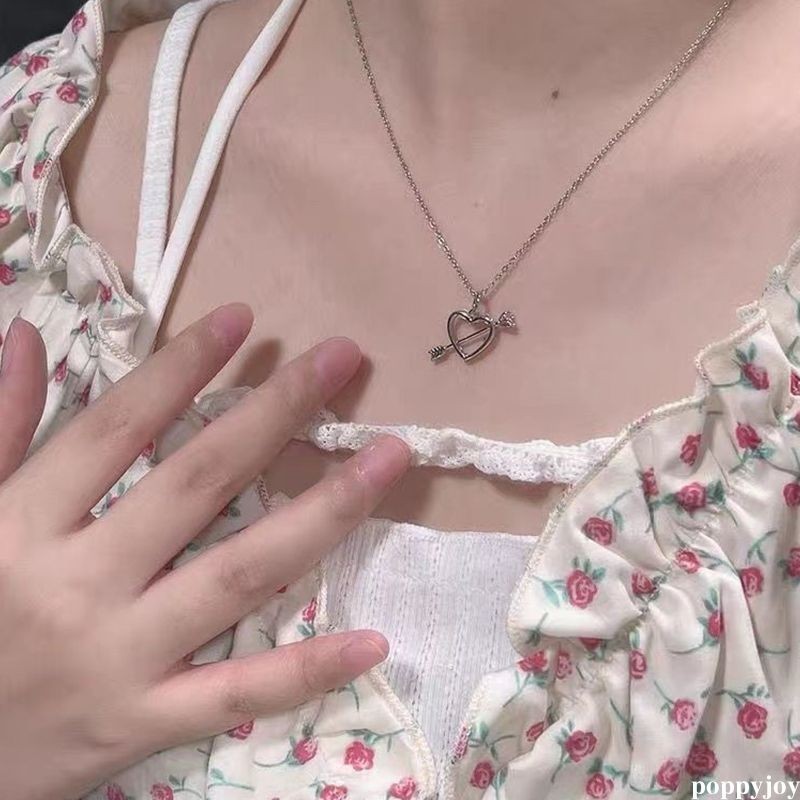 poppyjoy หนึ่งลูกศร หัวใจ เจาะ จี้ สร้อยคอ สีชมพู เพทาย โซ่เงิน โช้กเกอร์ สําหรับผู้หญิง เครื่องประดับ อุปกรณ์