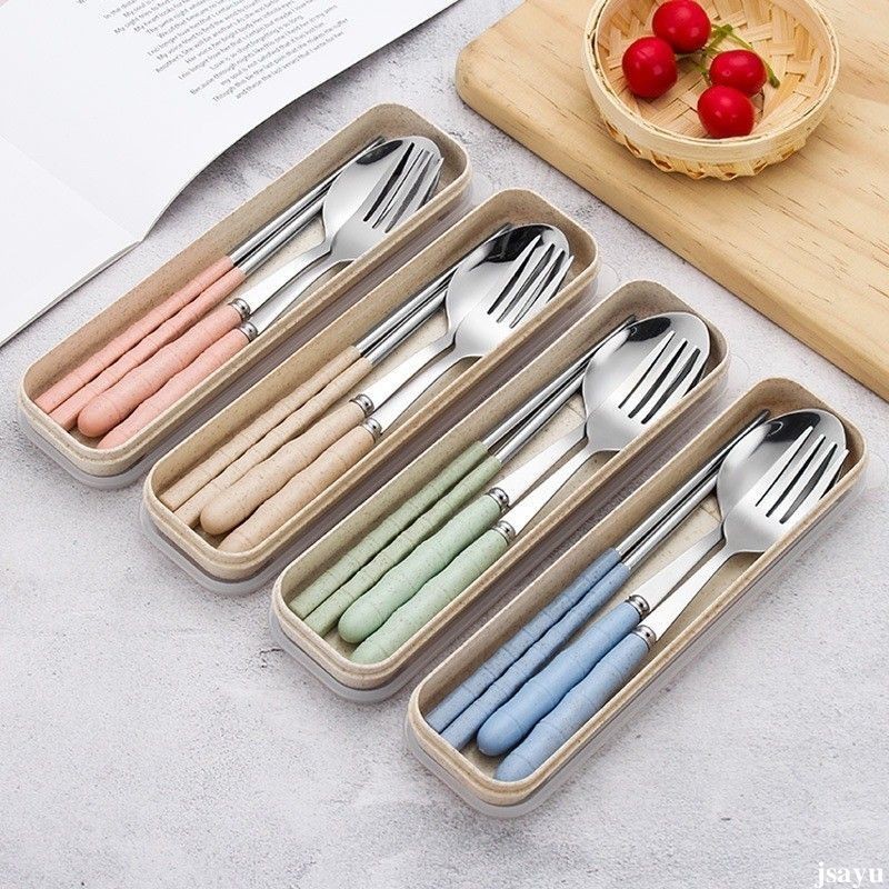 🛒 ช้อนส้อมตะเกียบสแตนเลส ชุด 3 ชิ้น Travel Tableware เครื่องใช้บนโต๊ะอาหารแบบพกพา