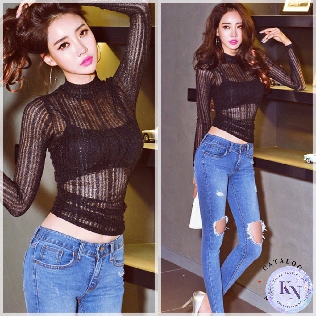 เสื้อซีทรูคอกลมแขนยาว ไม่มีซับใน