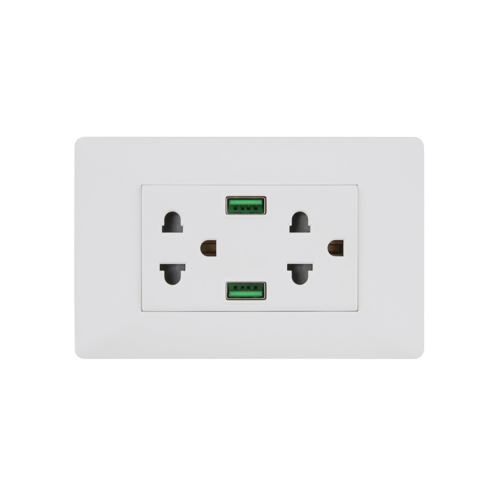LUZINO ชุดเต้ารับคู่ มีกราวด์+USB Type A 2 ช่อง รุ่น MLS79-E3USB2A-PC สีขาว